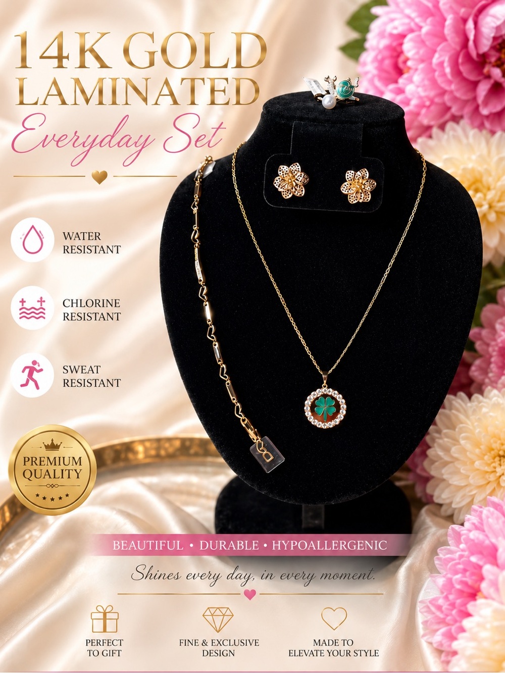 14K Gold Laminated Green Flower Pendant Necklace and Earrings Set